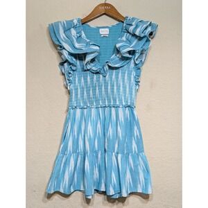 SAYLOR Smocked Ruffle Dress‎ Blue White Ikat Sleeveless Mini Summer Casual S